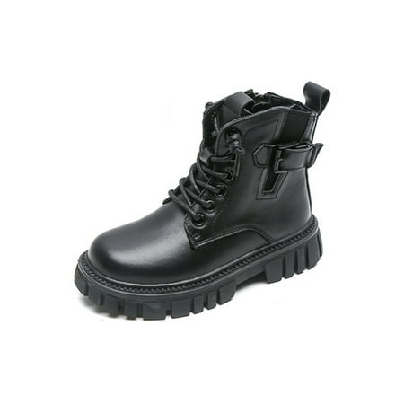 

Ymiytan Girls Boys Casual Combat Boot Outdoor Waterproof Lace Up Ankle Boots School Comfort Short Bootie Black with Plush Lined 1Y