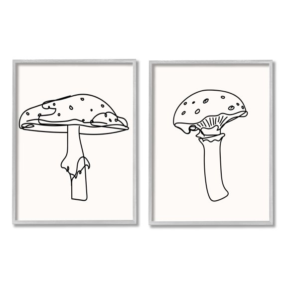 Stupell Industries Mushroom Line Doodles Botanical & Floral Painting Gray Framed Art Print Wall Art, 24 x 30, Set of 2