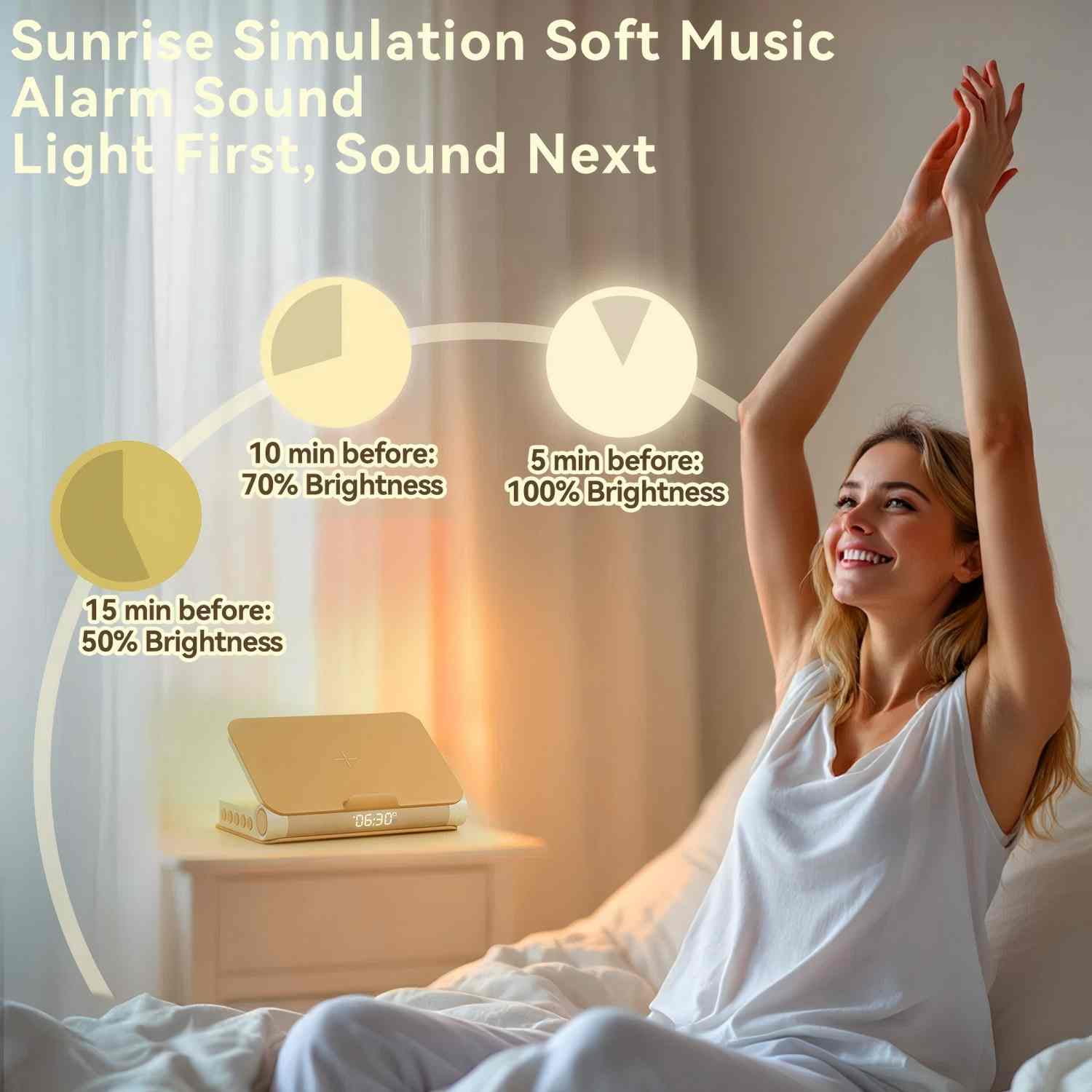Sunrise Alarm Clock and Bluetooth Speaker with Wireless Charger, Book Lamp for Bedroom, Apricot