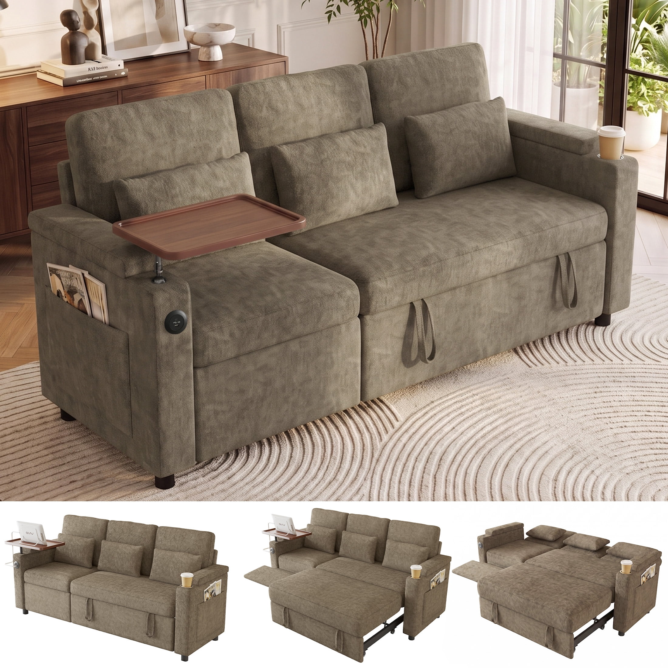 Aenkyo 81" 3-in-1 Convertible Sleeper Sofa with Pull Out Bed and Recliner, Adjustable Backrest, Khaki