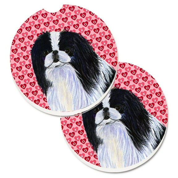 Japanese Chin Hearts Love and Valentines Day Portrait Set of 2 Cup Holder Car Coasters