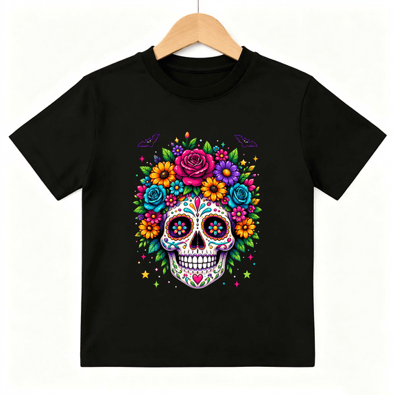 Colorful Floral Sugar Skull Graphic Short Sleeve Crewneck Cotton Kids T-Shirt