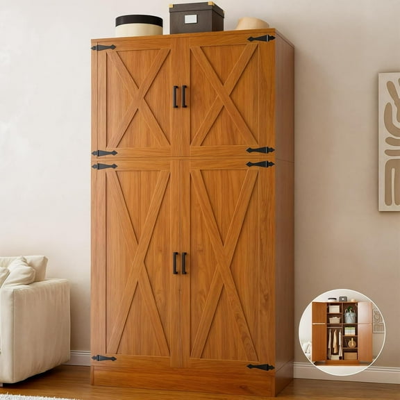 Modern Farmhouse Wardrobe Cabinet 71 Inch with Hanging Rod and Barn Doors