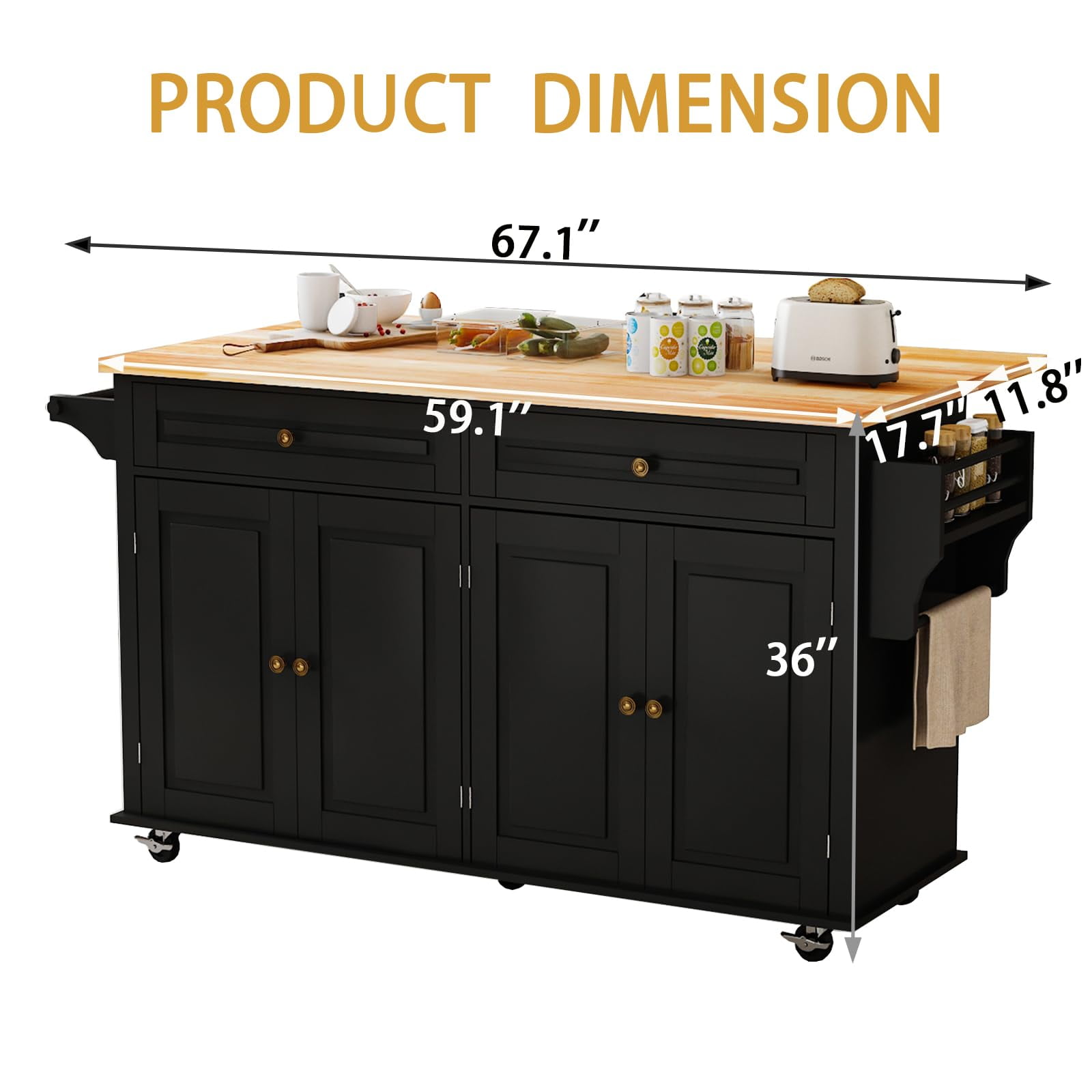 JassmiPkwy 67’’ Movable Kitchen Island with Drop Leaf Countertop, with Storage, 2 Drawers, Towel Rack, Black