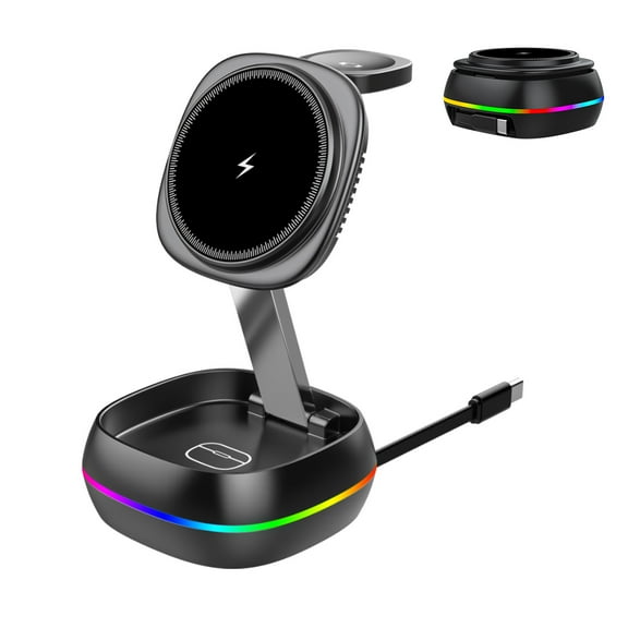 3-in-1 Foldable Wireless Charger Stand, 15W Fast Charging Station for iPhone, Apple Watch, AirPods, Desktop & Car Mount Compatible with iPhone 16/15/14/13/12 Series