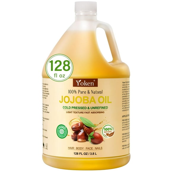 Yoken Huile de Jojoba 1 Gallon EWG Vérifiée - Huile de Jojoba 100 % Pure Pressée à Froid Sans Hexane Vierge Dorée pour Massage des Cheveux et de la Peau Hydratant Corporel Naturel DIY
