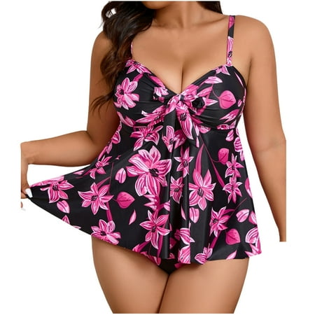ZQGJB Womens Plus Size Tankini Swimsuits Vintage Floral Printed Summer Tummy Control Two Piece Bathing Suit Flowy Swimdress with Boyshorts(Pink XXXXXL)