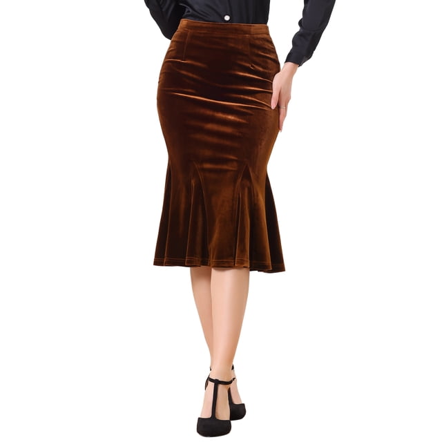 Falda Midi Ajustada de Cintura Alta de Terciopelo Elástico con dobladillo de Cola de Pez para Mujeres INSPIRE CHIC XL Marrón