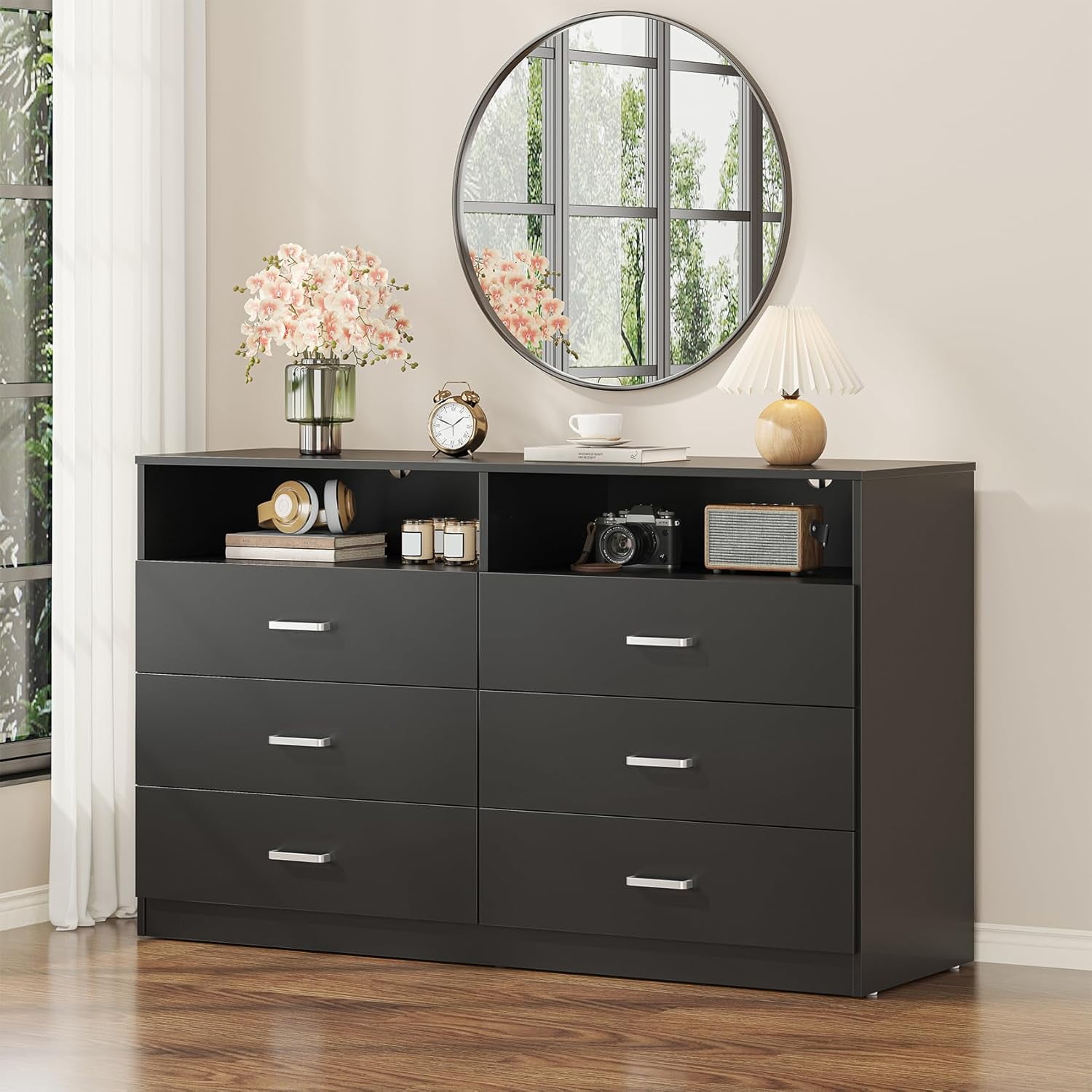 Frmobepts Wood Dresser for Bedroom, 6 Drawer Dresser with Open Storage Cubby,Black