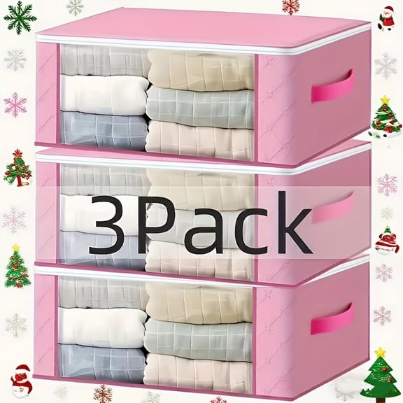 QUTETN 3-Pack Pink Foldable Storage Bins with Clear PVC Window – Non-Woven Fabric Closet Organizers for Clothes & Blankets, Zippered Under-Bed or Shelf Storage Boxes
