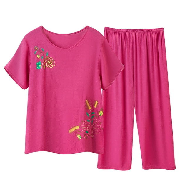 KIHOUT Conjunto de pijama de dos piezas con estampado de verano para mujer, talla grande, cuello redondo, manga corta y pantalones capri con cintura elástica, holgado y cómodo, top informal para