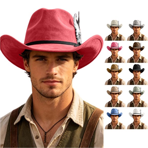 SGMVNU Cowboy Hats for Men Small Brim Felts Crushable Outback Hat with Belt Strap Parties Western , , One Size