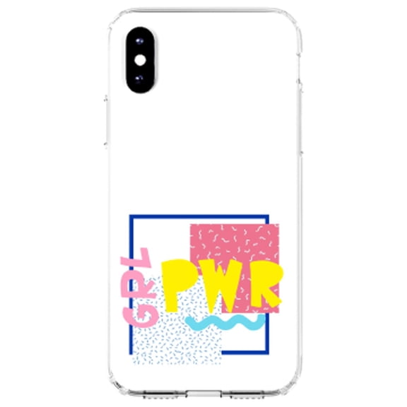 DistinctInk Clear Shockproof Hybrid Case for iPhone XS Max (6.5" Screen) - TPU Bumper, Acrylic Back, Tempered Glass Screen Protector - Girl Power - GRL PWR - Retro 80's Look
