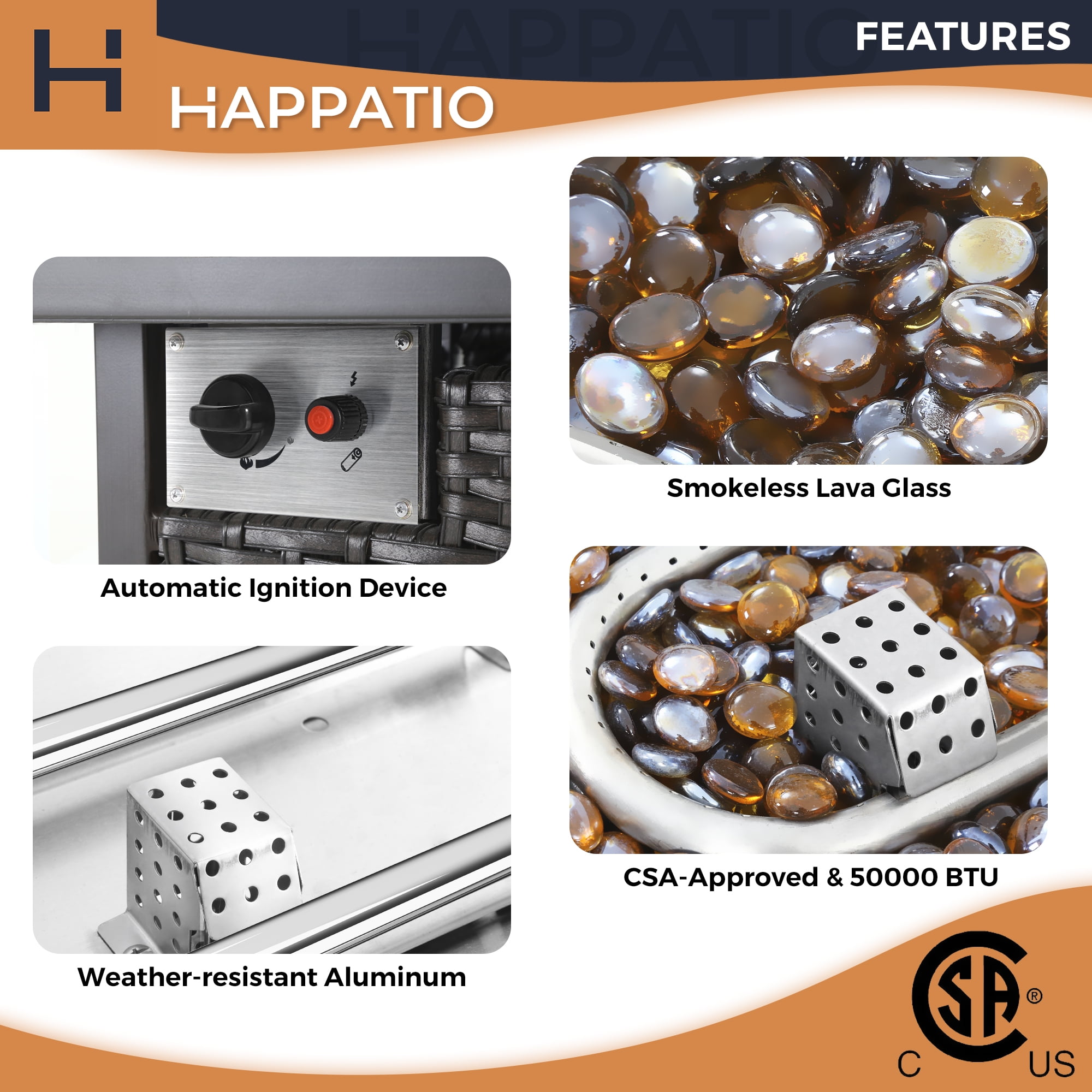 HAPPATIO 50,000 BTU Wicker and Aluminum Patio Fire Pit Table (Gray)