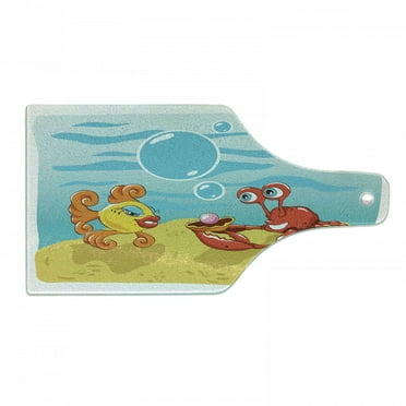 Engagement Party Cutting Board, Under the Sea Cartoon Fish and Crab with Sand Pearl Proposing, Tempered Glass Cutting and Serving Board, Wine Bottle Shape, Yellow Red and Blue, by Ambesonne