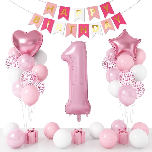 Kit de globos para fiesta de cumpleaños, color rosa, 1 año, 24 unidades con globo de 40 cm