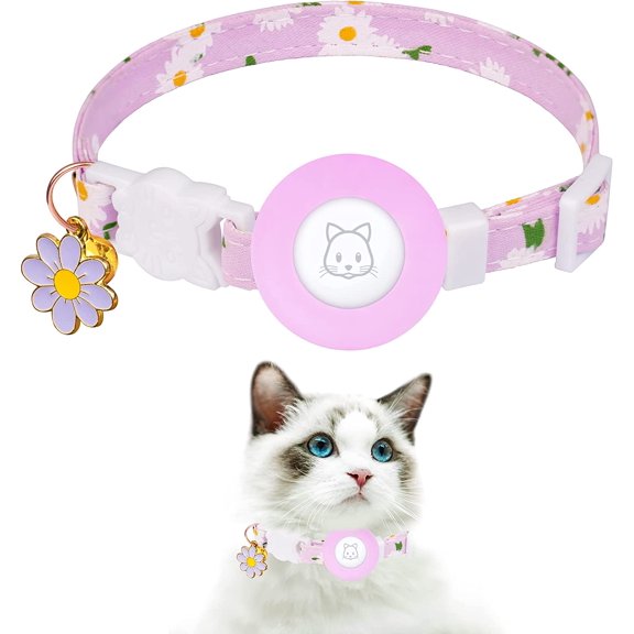 WXSP Cat Collar, Kitten Collar Breakaway with Silicone Airtag Holder, Bells & Flower Charm for Girl Cats Boy Cats Small Dogs(Purple)