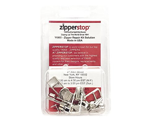 ZipperStop Wholesale Aluminum - 5 sliders Zipper Repair Kit Solution YKK #5 Assorted Metal Bell Pull Sliders with Top-Bottom Stoppers Made in USA in CLAMSHELL BOX W/HANGER 