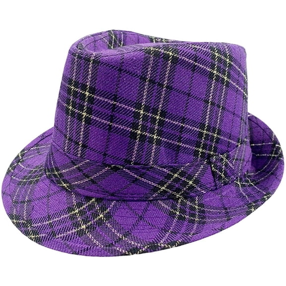 vlrwzc Purple Plaid Fedora Hat Mardi Gras Costume Hat Classic Trilby Jazz Cap Panama Hat Party Headwear for Men Women