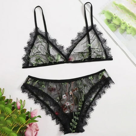 

YIWEI Womens Lace Sheer Embroidery Bra Set Lingerie Push Up Bra Briefs Sleepwear Black M