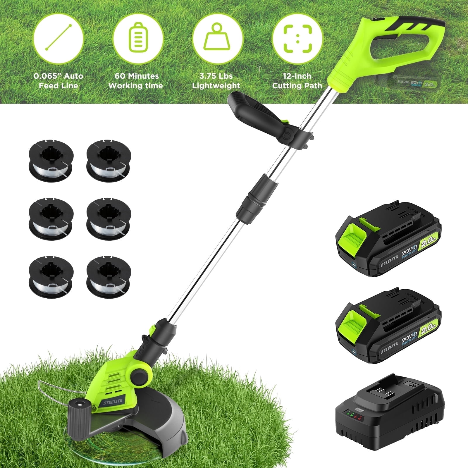 Steelite 12-inch 21V Cordless String Trimmer, Battery Powered Weed