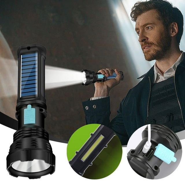 Handheld Solar Flashlight with COB Floodlight | 2400mAh Power Bank | USB Charging & Water Resistant | Emergency Outdoor Light for Camping & Reading