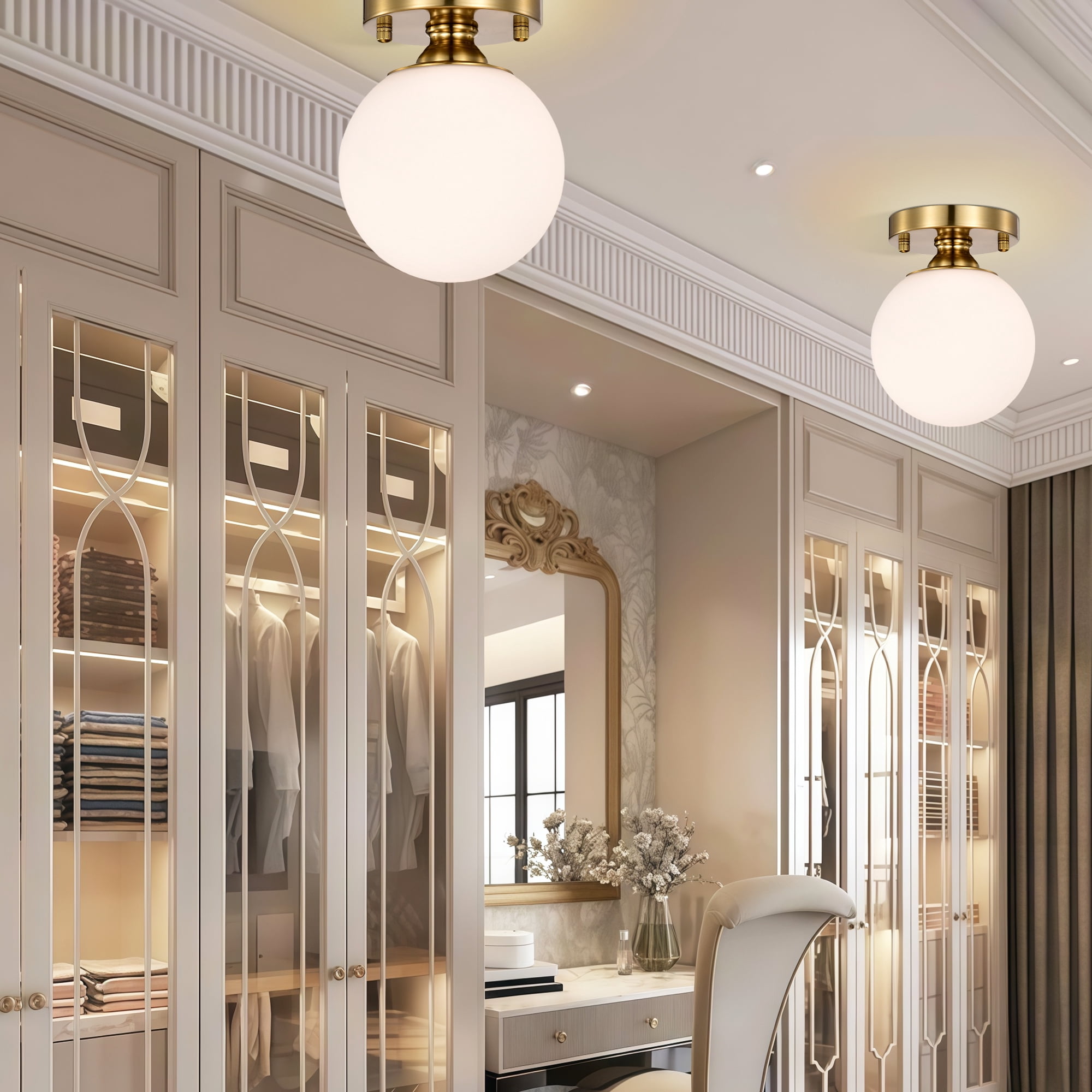 Semi Flush Mount Ceiling Light, Modern Gold Ceiling Light Fixture with 5.9" Opal Glass Globe Shade for Hallway Entryway Kitchen Bedroom
