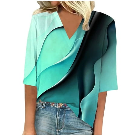 IYYVV Lace Crochet Top Marble Print Womens Blouses 3/4 Sleeve V Neck Hollow Womens Corset Top Printed Gradient Plus Size Womens T Shirts Half Sleeve Hide Belly Womens Summer Blouses 2024 Cyan L