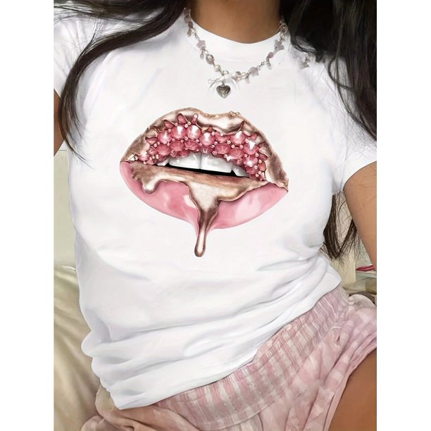 Vintage Lips Print 100% Cotton Crew Neck T-Shirt - Short Sleeve Casual Top - Geometric Pattern Summer Tee, Regular Length Fashion Clothing