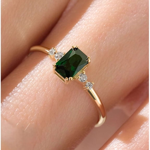 vylahjewellery Classic 10K Yellow Gold Wedding Ring Green Emerald Cut Moissanite Diamond Anniversary Ring Timeless Women’s Fine Jewelry Engagement Ring for Her