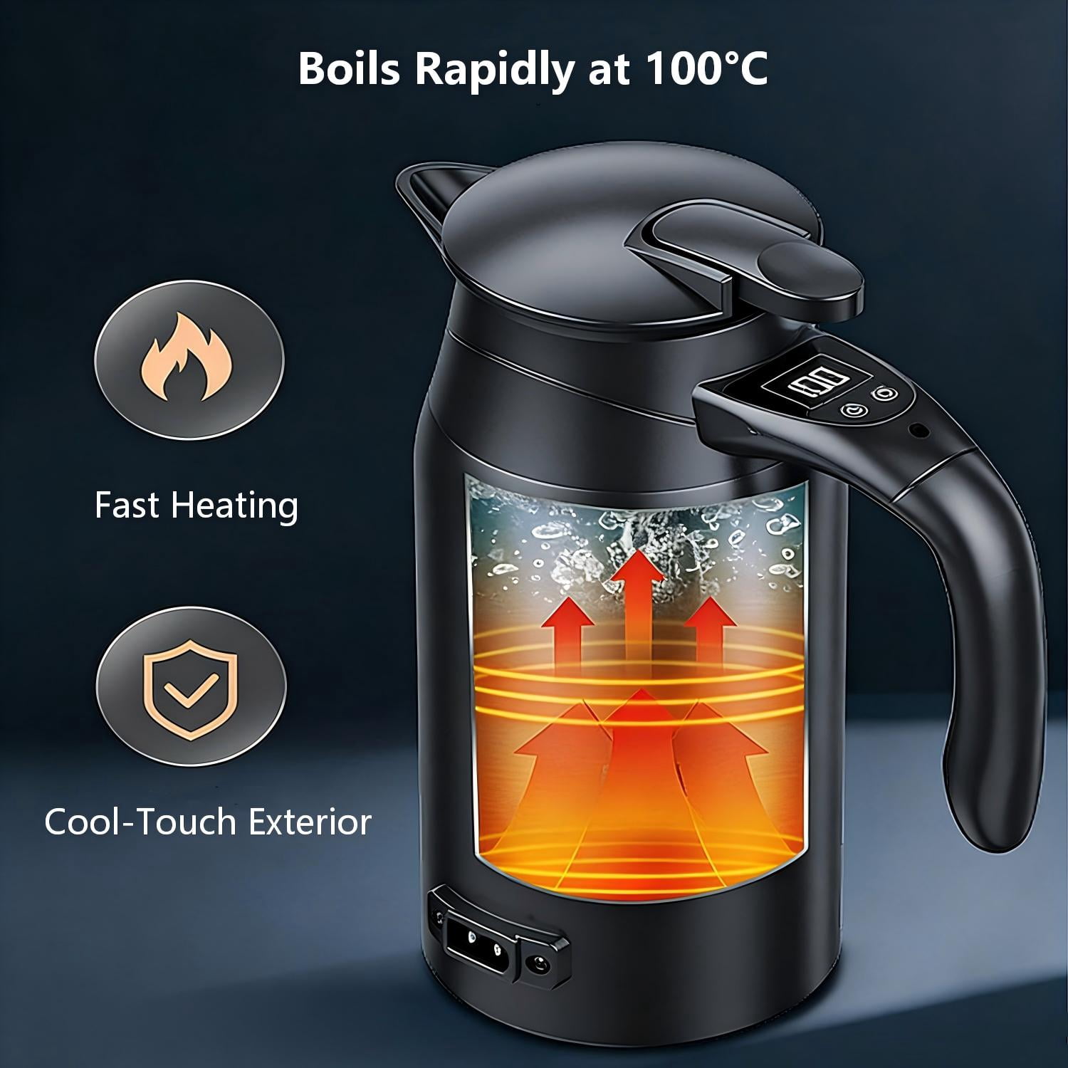 Car Electric Kettle, 800ml 12V/24V Portable Travel Kettle Hot Water Boiler Heater Car Stainless Steel Cigarette Lighter Heating Kettle for Cars Trucks SUVs Road Trips Outdoor Camping, Black