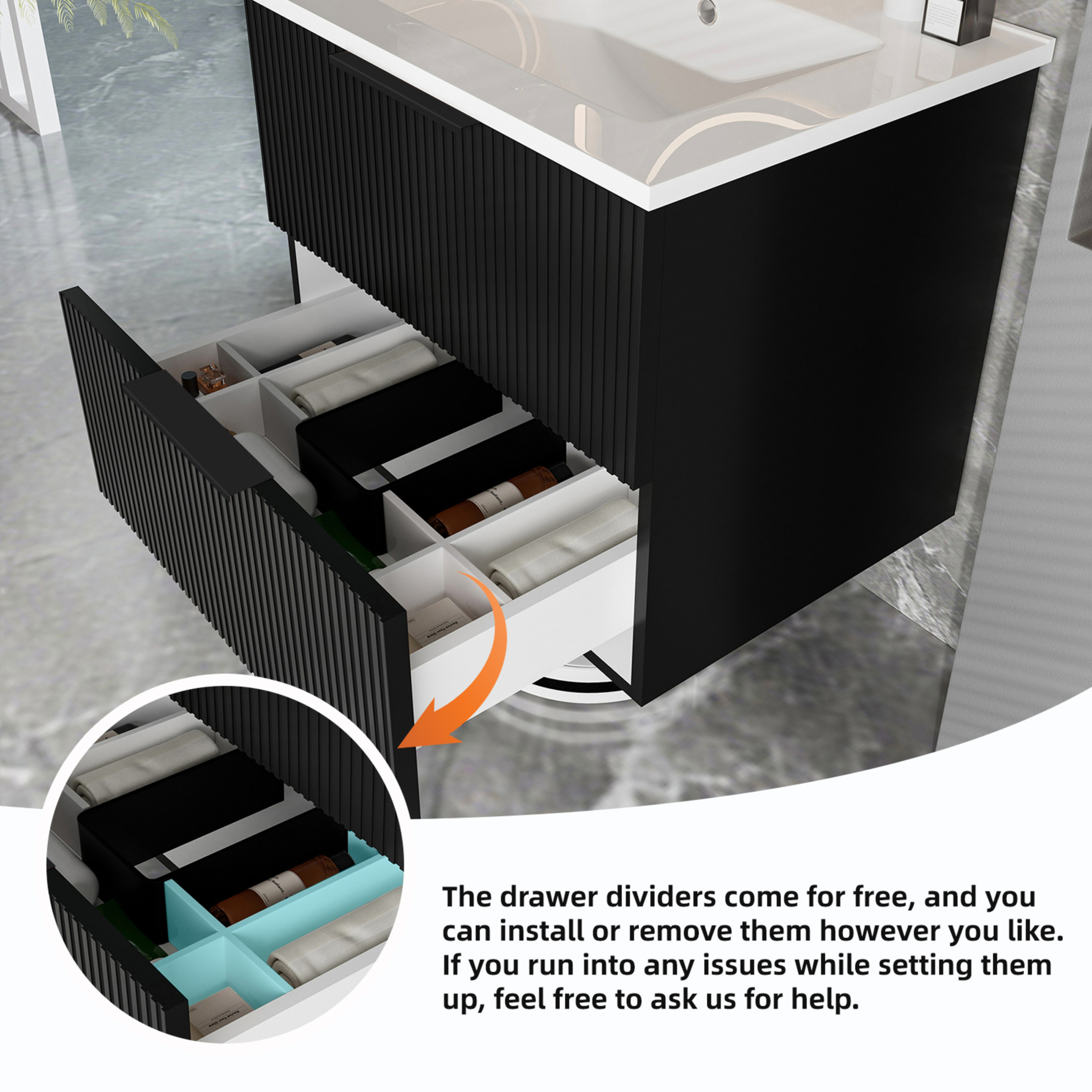 Noble House 24" Wall Mounted Floating Bathroom Vanity with Sink, 2 Drawers, Modern Cabinet, Matte Black