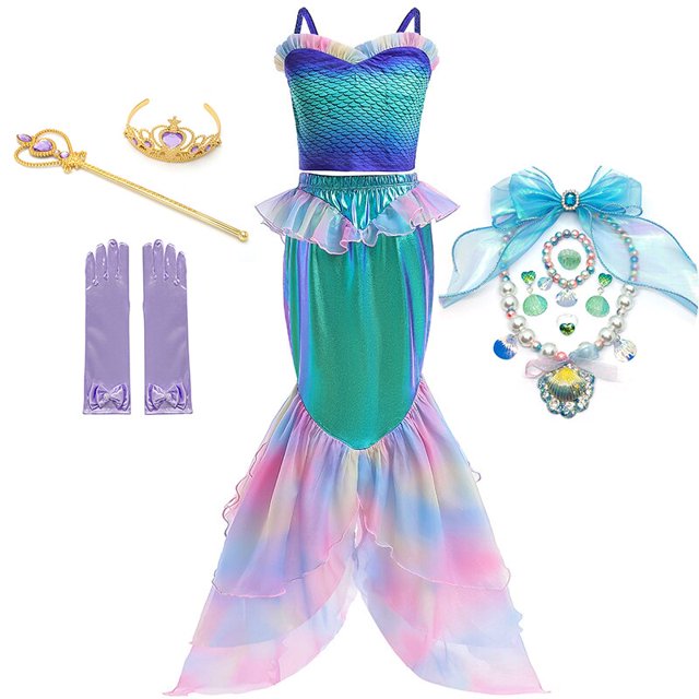 Disney-disfraz de la Sirenita Ariel para niñas, vestido de cola larga con volantes, Cosplay, ropa de fiesta de cumpleaños Fivean unisex