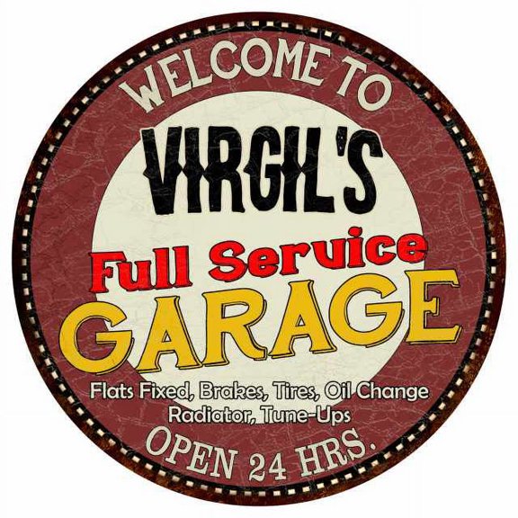 Virgil's Full Service Garage 14" Round Metal Sign Man Cave Decor 100140037360