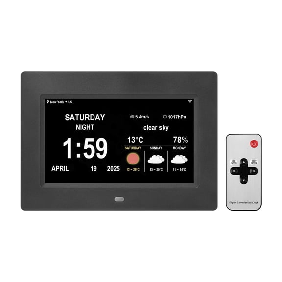 7in WiFi Smart Digital Calendar Weather Clock, Music SD Desk Wall Mount - BLACK