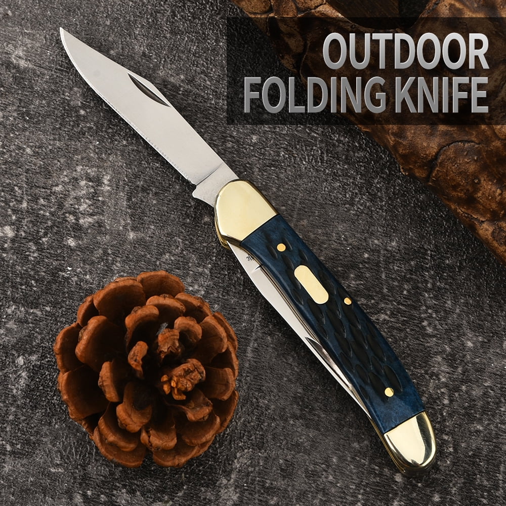 Dual Blades Hand Forged Folding Knife, Blue Cow Bone Handle Heavy Duty EDC Survival Gear for Camping Hiking, Gift for Outdoor Enthusiasts