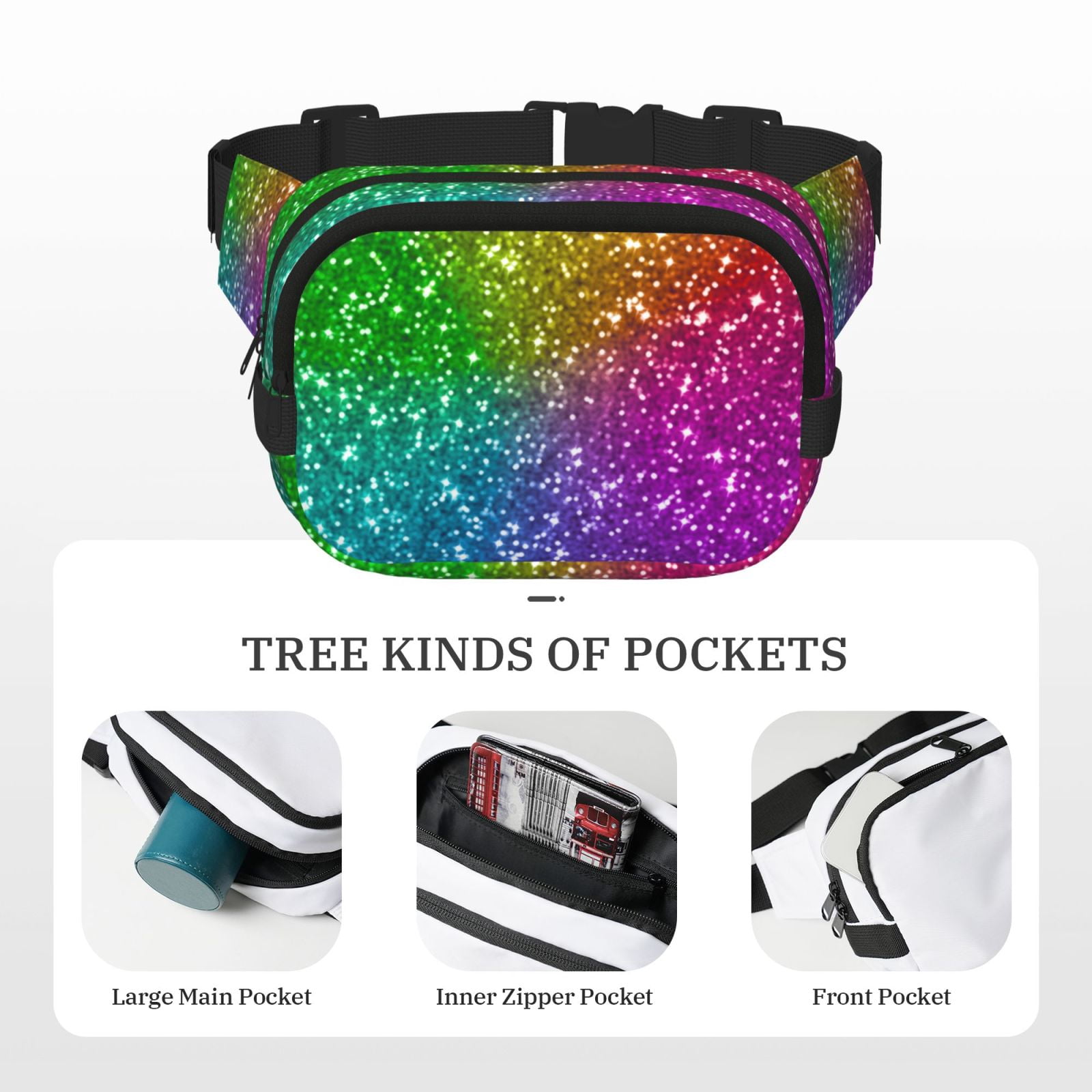 Hirioo Colorful Glitter for Double Layer Waist Bag Adjustable Fanny Pack For Travel Running Hiking