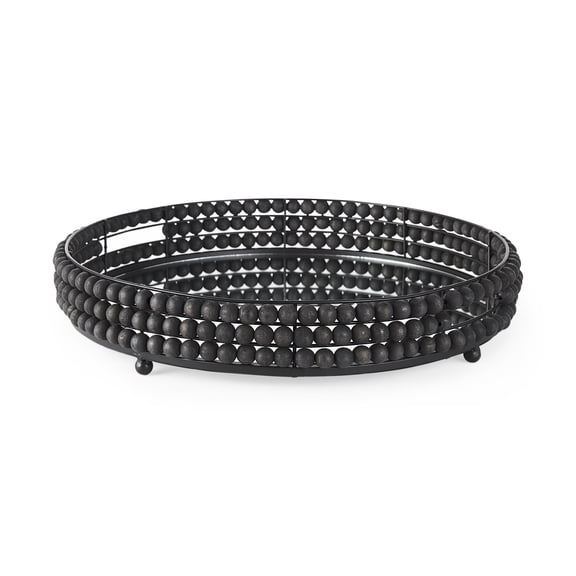 Decatur II Black Wooden Bead Mirrored Bottom Round Tray