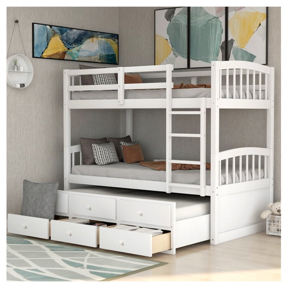 Twin Bunk Bed with Ladder, Safety Rail, Twin Trundle Bed with 3 Drawers for Teens Bedroom, Guest Room Furniture(White)(OLD SKU :LP000071AAK)