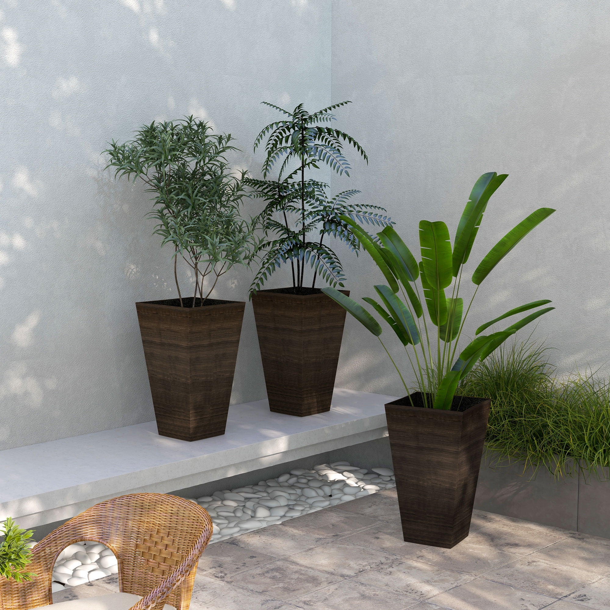 28" Tall Outdoor Planters, Set of 3 Large Taper Planters with Drainage Holes and Plug, Faux Wood Plastic Flower Pots for Outdoor, Indoor, Garden, Patio, Brown