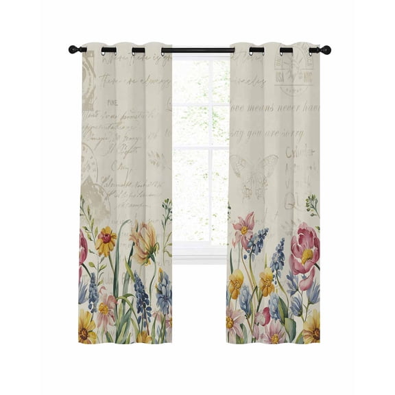 Colorful Wildflowers Blackout Curtains for Bedroom Living Room, Blue Pink Yellow Floral 72 In Long Thermal Insulated Room Darkening Drapes Grommet Window Treatments, 52 x 72 In
