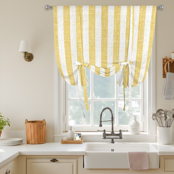 Tie Up Curtains for Windows,Retro Farm Yellow White Stripes Adjustable Balloon Shade Curtains Rod Pocket Valance Rustic Burlap Linen Short Window Valances for Kitchen Bathroom,34"Wx45"L