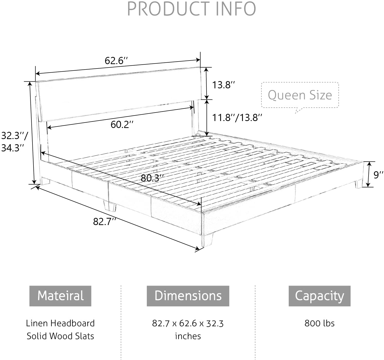 Sha Cerlin Queen Size Upholstered Platform Bed Fame with Adjustable Fabric Headboard, Wood Slat Support, Light Grey