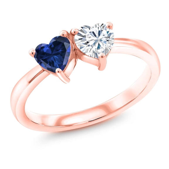Gem Stone King 18K Rose Gold Plated Silver Fashion Right-Hand Ring Set with Heart Shape Blue Created Sapphire and Moissanite (1.00 Cttw, Size 8)