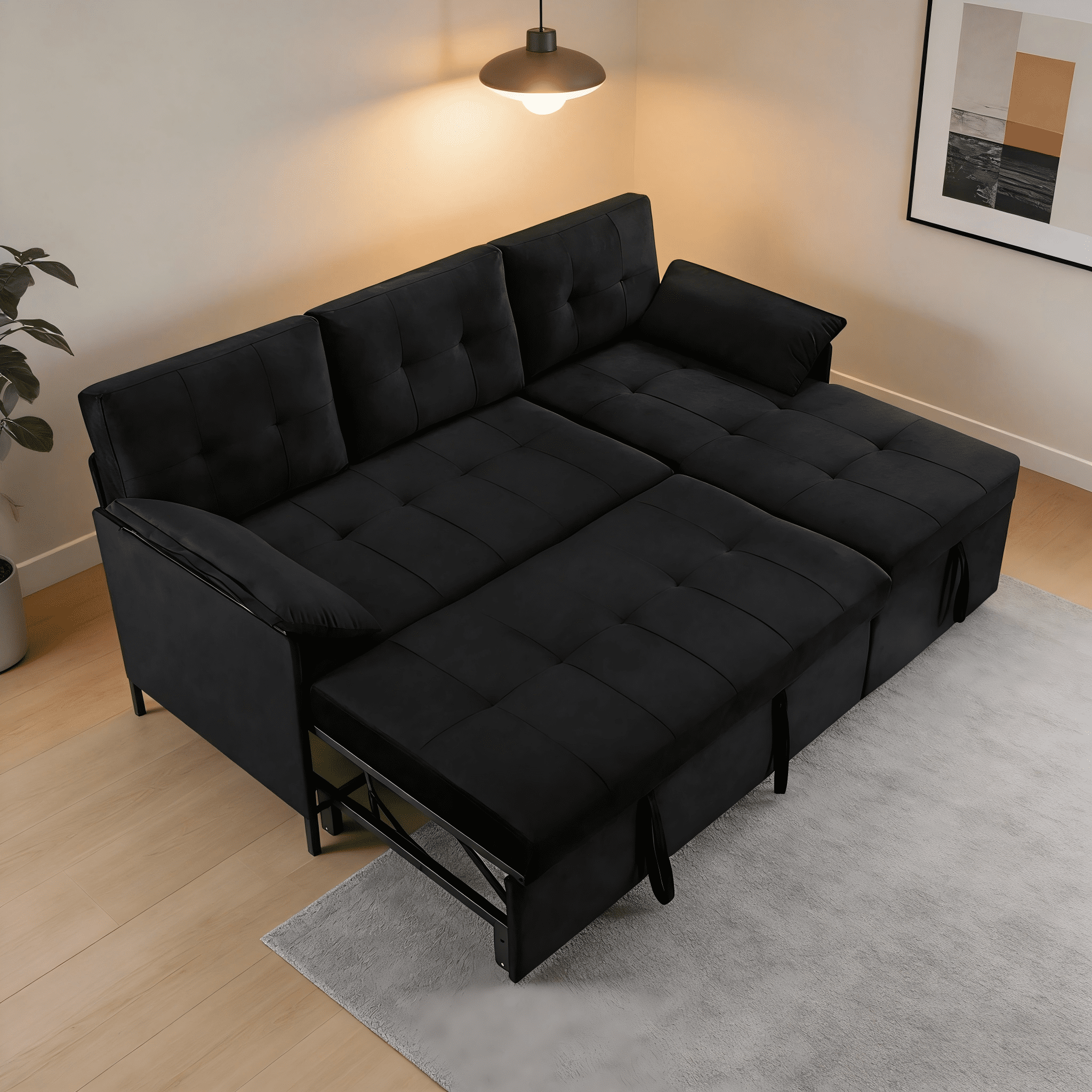 Gewnee 77.6" Reversible L-Shaped Sectional Sleeper Sofa with Storage,Pull-Out 2-in-1 Convertible Sleeper Bed for Living Room,Apartment,Office(Black)