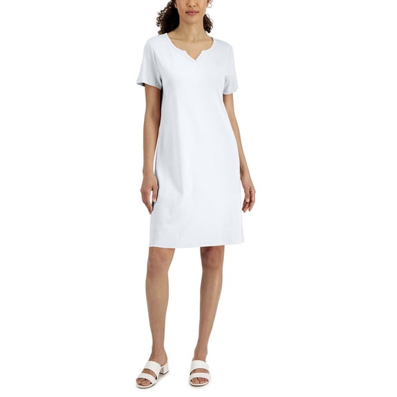 Karen Scott Womens Cotton Split Neck Dress Bright White M