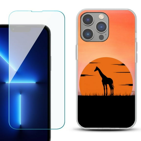 Slim-Fit Gel TPU Phone Case for iPhone 14 Pro Max, with Tempered Glass Screen Protector, by OneToughShield ® - Sunset Giraffe
