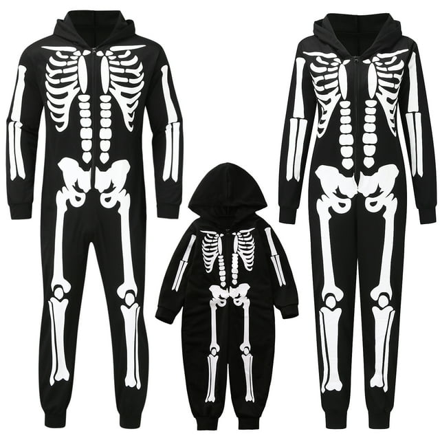 FOCUSNORM Pyjamas Assortis pour la Famille Halloween Imprimé Squelette à Manches Longues avec Capuche et Fermeture Éclair