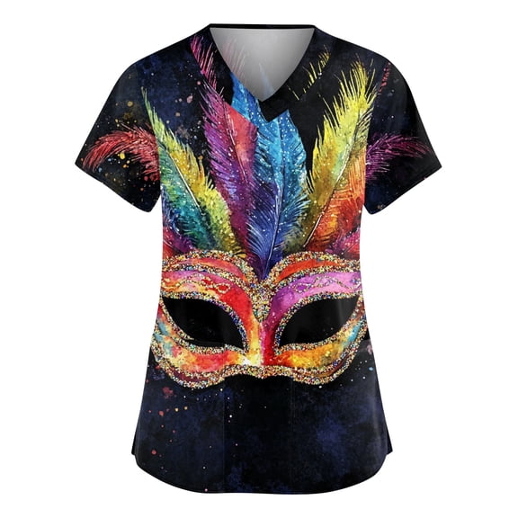 Mardi Gras Scrub Tops for Woman Glitter Sparkly V Neck Scrubs Mask Print Short Sleeve Green Workwear with Pockets Multicolor L
