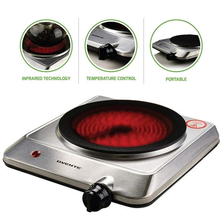 Ovente Electric Glass Infrared Countertop Burner 7.5 Inch Single Plate with Temperature Knob, Compact and Portable, 1000 Watts, Indicator Light, Fire Resistant Metal Housing, Silver